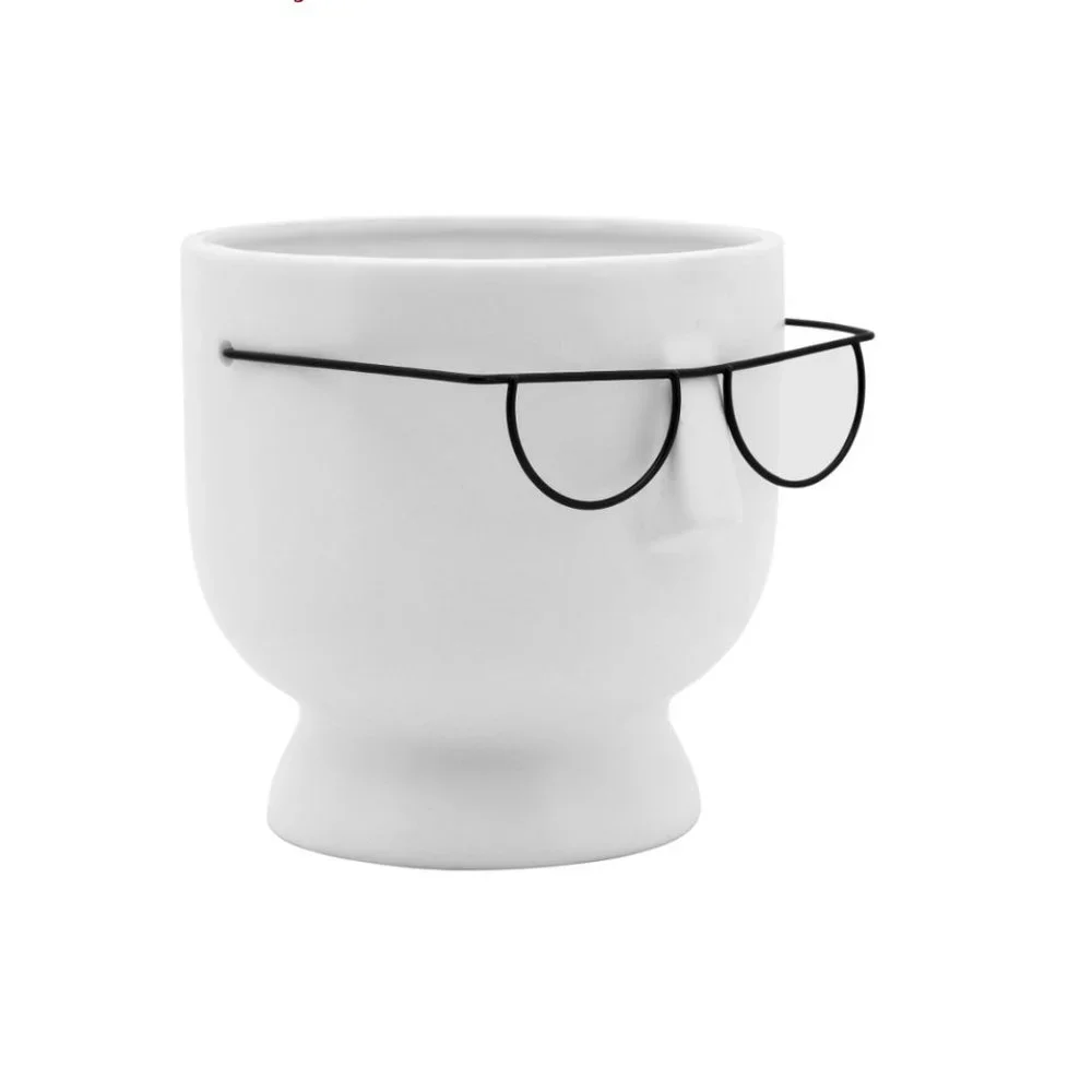 Face with glasses 6in ceramic planter white